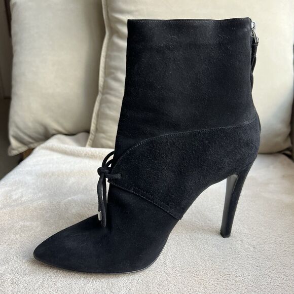 Giorgio Armani Black Suede Stiletto Heel Boots Women EU 38 US 7.5 Tie Pointy Toe - Picture 2 of 16